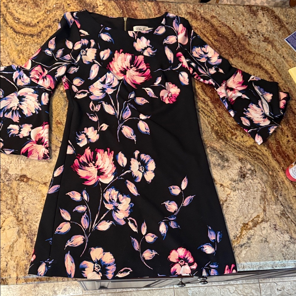 Eliza J Black Dress with Pink Floral and Bell Sleeves